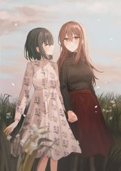 Rule 34 | 2girls, ^ ^, black hair, black legwear, black sweater, blurry, blurry foreground, blush, borrowed character, breasts, brown eyes, brown hair, chihuri, closed eyes, closed mouth, day, depth of field, dress, facing another, floral print, flower, grass, hair between eyes, highres, holding hands, interlocked fingers, long hair, long sleeves, looking at another, medium breasts, multiple girls, original, outdoors, pantyhose, print dress, profile, red skirt, ribbed sweater, skirt, small breasts, smile, sweater, turtleneck, turtleneck sweater, very long hair, white dress, white flower, yuri