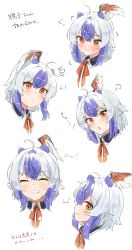 Rule 34 | 1girl, absurdres, ahoge, blush, commentary request, expressions, closed eyes, fang, fang out, feathered wings, grey hair, grin, gunsou1350, head wings, highres, horns, multicolored hair, multiple views, neck ribbon, notice lines, open mouth, partially translated, portrait, purple hair, red eyes, red ribbon, ribbon, simple background, skin fang, smile, streaked hair, tokiko (touhou), touhou, translation request, two-tone hair, white background, wings