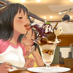 Rule 34 | 3girls, ^ ^, banana split, basket, black eyes, black hair, blush, booth seating, ceiling, chocolate syrup, clenched teeth, closed eyes, closed eyes, food, from side, grin, half-closed eyes, hand to own mouth, holding, holding spoon, ice cream, indoors, kikurage (crayon arts), licking, multiple girls, napkin, open mouth, original, parfait, plate, raglan sleeves, restaurant, sexually suggestive, short hair, smile, spoon, sundae, teeth, tongue, tongue out, wafer stick, whipped cream