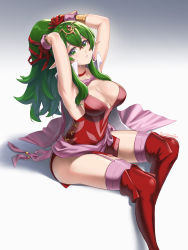 Rule 34 | 1girl, absurdres, arms up, artist name, blush, bracelet, breasts, burnt green tea, choker, cleavage, commentary, dress, english commentary, fire emblem, fire emblem awakening, gloves, green eyes, green hair, hair ornament, hair ribbon, high collar, highres, invisible chair, jewelry, large breasts, long hair, looking at viewer, nintendo, pointy ears, ponytail, red choker, red dress, red gloves, red ribbon, red thighhighs, ribbon, shadow, short dress, simple background, sitting, sleeveless, sleeveless dress, solo, thighhighs, thighs, tiki (adult) (fire emblem), tiki (fire emblem), tying hair