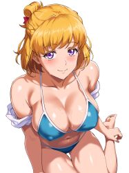 Rule 34 | 1girl, asahina mirai, barefoot, bikini, blonde hair, blue bikini, breasts, collarbone, commentary request, covered erect nipples, folded hair, from above, highres, large breasts, looking at viewer, mahou girls precure!, precure, purple eyes, seductive smile, short hair, simple background, smile, solo, sozan, swimsuit, white background