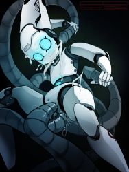 Rule 34 | artist name, bad id, bad pixiv id, blue eyes, cum, double penetration, drossel von flugel, ejaculation, facial, fireball (series), flat chest, highres, humanoid robot, joints, lube, multiple penetration, no humans, no pupils, non-humanoid robot, polyle, robot, robot joints, solo focus, tentacle sex, tentacles, text focus