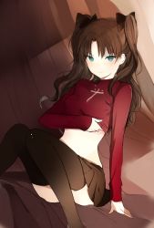 Rule 34 | 1girl, black ribbon, black thighhighs, blush, fate/stay night, fate (series), green eyes, hair ornament, hair ribbon, long hair, long legs, looking at viewer, lpip, ribbon, skirt, solo, thighhighs, tohsaka rin, twintails, two side up, undressing