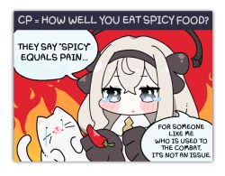 Rule 34 | 1girl, 1koma, blue eyes, blush, cat, chibi, chili pepper, comic, crying, crying with eyes open, dress, english text, eversoul, fiery background, fire, food, frilled sleeves, frills, game cg, hair between eyes, hair ornament, hair ribbon, hairband, holding, holding food, long hair, mephistopheles (eversoul), non-web source, official art, ribbon, sleeves past fingers, sleeves past wrists, speech bubble, tearing up, tears, transparent background, two-tone dress, white dress, white hair