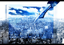 Rule 34 | blue theme, building, city, cityscape, cloud, horizon, letterboxed, monochrome, no humans, notebook, original, partially colored, pen, scenery, sky, zonomaru