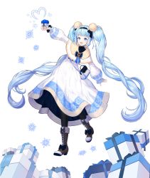 Rule 34 | 1girl, :d, absurdres, arm up, bag, black bow, black legwear, blcackup, blue bow, blue hair, blunt bangs, boots, bow, brown footwear, christmas, dress, full body, gift, hair bow, handbag, hatsune miku, highres, huge filesize, jpeg artifacts, long hair, long sleeves, looking at viewer, open mouth, simple background, smile, snowflakes, solo, standing, twintails, vocaloid, white background, white dress