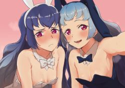 Rule 34 | 2girls, :d, animal ears, armpits, bare shoulders, big hair, blue bow, blue hair, blue leotard, blue neckwear, blush, bow, bowtie, breasts, copyright request, detached collar, fake animal ears, hairband, highres, leotard, long hair, looking at viewer, multiple girls, open mouth, osame, pink background, pink eyes, playboy bunny, rabbit ears, small breasts, smile, steaming body, strapless, strapless leotard, white bow, white leotard, white neckwear