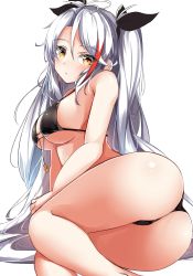 Rule 34 | 1girl, absurdres, alternate costume, anchor symbol, arm support, ass, azur lane, bare shoulders, bikini, black bikini, black ribbon, blush, breasts, commentary request, flag print, german flag bikini, hair between eyes, hair ribbon, highres, large breasts, long hair, looking at viewer, lying, moyoron, multicolored hair, on side, parted bangs, parted lips, prinz eugen (azur lane), prinz eugen (unfading smile) (azur lane), red hair, ribbon, shiny skin, silver hair, simple background, solo, streaked hair, string bikini, swimsuit, thick thighs, thighs, two side up, underboob, very long hair, white background