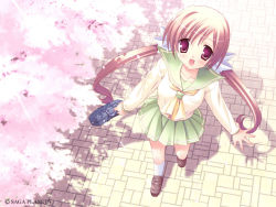 Rule 34 | 1girl, bag, blonde hair, brown hair, character request, cherry blossoms, copyright notice, day, female focus, from above, game cg, holding, holding bag, long hair, looking at viewer, looking up, moribe (rabumanyo), outdoors, pink eyes, pleated skirt, purple eyes, ribbon, school uniform, serafuku, skirt, solo, source request, standing, tree, twintails, very long hair
