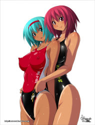 Rule 34 | 2girls, aqua eyes, aqua hair, asics, bare shoulders, black male swimwear, black one-piece swimsuit, black swim briefs, blush, breasts, character request, competition swimsuit, copyright request, covered erect nipples, female focus, frontal wedgie, large breasts, male swimwear, male swimwear pull, multiple girls, nyanko batake, one-piece swimsuit, open mouth, pulling another&#039;s clothes, red eyes, red hair, red one-piece swimsuit, short hair, simple background, smile, swim briefs, swim briefs pull, swimsuit, swimsuit under swimsuit, swimsuit writing, tan, tanline, wedgie, yuri