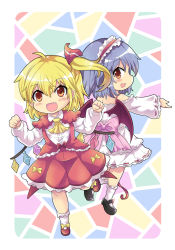 Rule 34 | 2girls, ascot, back-to-back, bat wings, blonde hair, blush stickers, bow, clenched hands, colonel aki, commentary request, dress, fang, flandre scarlet, footwear bow, hair between eyes, hairband, hand up, long sleeves, multiple girls, open mouth, purple hair, red eyes, shoes, short hair, side ponytail, smile, socks, touhou, wings