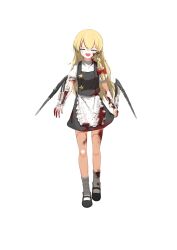 Rule 34 | 1girl, :d, absurdres, apron, arm blade, black footwear, black skirt, black vest, blonde hair, blood, blood on arm, blood on clothes, blood on face, blood on leg, blood splatter, bow, braid, breasts, closed eyes, commentary request, cookie (touhou), cyberpunk (series), full body, hair bow, highres, joints, kirisame marisa, long hair, mantis blades (cyberpunk), mary janes, medium bangs, no headwear, open mouth, prosthesis, prosthetic arm, puffy short sleeves, puffy sleeves, robot joints, round teeth, shirt, shoes, short sleeves, simple background, single braid, skirt, skirt set, small breasts, smile, socks, solo, standing, suzu (cookie), teeth, touhou, transparent background, traveler hxy, upper teeth only, vest, waist apron, weapon, white apron, white shirt, white socks