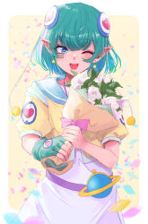 Rule 34 | 1girl, ;d, aqua gloves, aqua hair, asymmetrical gloves, blue eyes, blue sailor collar, bouquet, bow, bun cover, dededeteiu, dress, earrings, fingerless gloves, flower, gloves, hagoromo lala, highres, holding, holding bouquet, jewelry, looking at viewer, medium hair, one eye closed, open mouth, pink bow, pointy ears, precure, sailor collar, short sleeves, single glove, smile, solo, standing, star-shaped pupils, star (symbol), star earrings, star twinkle precure, symbol-shaped pupils, white dress, white flower