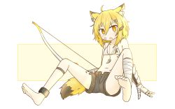 Rule 34 | 1girl, ahoge, animal ears, anklet, arknights, barefoot, bikini, bikini under clothes, black shorts, blonde hair, blush, bow (weapon), ear piercing, fang, female focus, flat chest, fox ears, fox girl, fox tail, full body, hair ornament, hairclip, highres, holding, holding bow (weapon), holding weapon, infection monitor (arknights), invisible chair, jewelry, material growth, moon sugar, navel, necklace, notched ear, open mouth, oripathy lesion (arknights), piercing, prosthesis, prosthetic arm, short hair, shorts, simple background, sitting, solo, stomach, swimsuit, tail, tooth necklace, vermeil (arknights), weapon, white background, white bikini, yellow eyes
