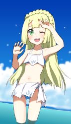 Rule 34 | 1girl, ;d, arm up, armpits, bikini, blonde hair, blunt bangs, blush, braid, creatures (company), day, french braid, game freak, gluteal fold, highres, lillie (pokemon), long hair, looking at viewer, navel, nintendo, ocean, one eye closed, open mouth, partially submerged, pokemon, pokemon (anime), pokemon sm, pokemon sm (anime), sky, smile, solo, splashing, swimsuit, water, white bikini