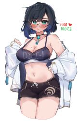 Rule 34 | 1girl, absurdres, alternate costume, auraaa, bespectacled, black hair, black shorts, blue hair, blush, breasts, choker, cleavage, closed mouth, collarbone, earrings, genshin impact, glasses, gradient hair, green eyes, highres, jewelry, large breasts, mole, mole on breast, multicolored hair, navel, round eyewear, short hair, shorts, solo, yelan (genshin impact)