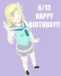 Rule 34 | 1girl, ;), aqua bow, artist name, artist request, black footwear, blonde hair, blush, bow, bow legwear, braid, breasts, brown eyes, buttons, collarbone, crown braid, female focus, full body, green eyes, green neckerchief, green sweater, green sweater vest, grey sailor collar, grey skirt, hair rings, highres, looking at viewer, love live!, love live! sunshine!!, miniskirt, neckerchief, ohara mari, one eye closed, parted lips, plaid, plaid skirt, pleated, pleated skirt, pointing, pointing up, purple background, sailor collar, school uniform, shirt, shoes, short hair, short sleeves, skirt, small breasts, smile, solo, standing, sweater, sweater vest, tie clip, uranohoshi school uniform, v-shaped eyebrows, white legwear, white shirt, yellow buttons, yellow eyes