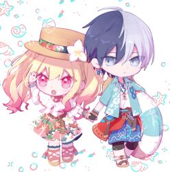 Rule 34 | 1boy, 1girl, :o, aoyagi touya, blonde hair, blue eyes, blue hair, bracelet, chibi, commentary, dark blue hair, earrings, ebi (yzpiyo039), floral print, flower, full body, gradient hair, hat, holding, holding hands, holding swim ring, innertube, jewelry, long hair, looking at another, multicolored hair, open mouth, parted lips, pink eyes, pink hair, project sekai, seashell, shell, short hair, split-color hair, standing, sunglasses, swim ring, tenma saki, twintails, two-tone hair