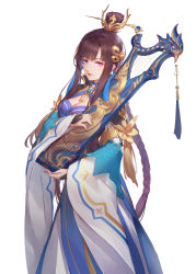 Rule 34 | 1girl, absurdres, black hair, blue dress, braid, chinese clothes, dress, highres, instrument, jewelry, long hair, mu tian ming, q18607, solo, thunderbolt fantasy