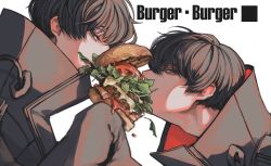 Rule 34 | 2boys, absurdres, bacon, black coat, black eyes, black hair, burger, coat, commentary request, eating, english text, fatalbug896, food, from side, high collar, highres, holding, holding food, lettuce, looking at viewer, male focus, multiple boys, original, profile, shared food, short hair, sideways glance, simple background, sleeves past fingers, sleeves past wrists, tomato, tomato slice, turtleneck, upper body, white background