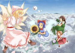 Rule 34 | 4girls, ^ ^, above clouds, blonde hair, blouse, blue hair, brown hair, cherry blossoms, closed eyes, cloud, closed eyes, fairy, female focus, flower, flying, frilled vest, frills, hat, kedama (touhou), kusogappa, lily white, mountain, multiple girls, open mouth, outdoors, petals, shirt, sky, sunflower, sunflower fairy (touhou), touhou, vest, white shirt, wings