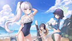 Rule 34 | 3girls, 4girls, absurdres, ahoge, beach, bikini, bikini bottom only, black hair, black headwear, blue archive, blue bikini, blue bow, blue eyes, blue halo, blue jacket, blue one-piece swimsuit, blue sky, bow, braid, breasts, bucket hat, casual one-piece swimsuit, closed mouth, cloud, collarbone, commentary, covered navel, cowboy shot, frilled one-piece swimsuit, frills, green halo, grey halo, hair bow, halo, hat, highres, holding, holding map, jacket, leaf, leaf on head, leaf print, long hair, long sleeves, map, medium breasts, miyako (blue archive), miyako (swimsuit) (blue archive), miyu (blue archive), miyu (swimsuit) (blue archive), multiple girls, namoho82, ocean, off-shoulder one-piece swimsuit, off shoulder, official alternate costume, one-piece swimsuit, open mouth, parted lips, ponytail, print bikini, purple eyes, red eyes, saki (blue archive), saki (swimsuit) (blue archive), short hair, sky, small breasts, swimsuit, twin braids, white bikini, white hair