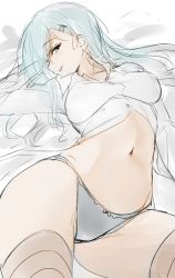 Rule 34 | 10s, 1girl, aqua hair, arm at side, arm up, bed sheet, blush, breasts, brown eyes, brown legwear, buttons, cowboy shot, earrings, grey panties, hair ornament, hairclip, head tilt, horizontal-striped legwear, isshiki (ffmania7), jewelry, kantai collection, light smile, long hair, long sleeves, looking at viewer, lying, medium breasts, midriff, navel, on back, open clothes, open shirt, panties, parted lips, shirt, sketch, solo, stomach, striped clothes, striped legwear, striped thighhighs, stud earrings, suzuya (kancolle), thighhighs, underwear, white shirt