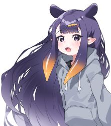 Rule 34 | 1girl, :d, animal ears, blush, brown hair, drawstring, fang, floating hair, gradient hair, grey hoodie, highres, hololive, hololive english, hood, hood down, hoodie, long hair, looking at viewer, multicolored hair, ninomae ina&#039;nis, open mouth, pointy ears, purple eyes, purple hair, simple background, smile, solo, tosyeo, upper body, very long hair, virtual youtuber, white background