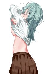 Rule 34 | 10s, 1girl, akiha (attract), arms up, bad id, bad twitter id, breasts, brown skirt, clothes lift, cowboy shot, embarrassed, flying sweatdrops, from side, green hair, hair ornament, hairclip, highres, kantai collection, lifted by self, long hair, long sleeves, looking at viewer, looking to the side, medium breasts, open mouth, pleated skirt, shirt, shirt lift, simple background, skirt, solo, suzuya (kancolle), underboob, white background, white shirt