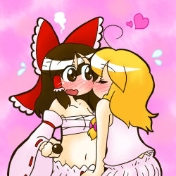 2girls blonde_hair blush breasts brown_eyes brown_hair kissing_cheek chocolate commentary_request detached_sleeves flying_sweatdrops hakurei_reimu heart holding kirisame_marisa kiss multiple_girls no_nose oily open_mouth ribbon-trimmed_sleeves ribbon_trim sarashi small_breasts steam touhou underwear underwear_only upper_body yuri