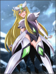 Rule 34 | 10s, 1girl, armor, blonde hair, boots, breasts, choker, gauntlets, gloves, green eyes, highres, ice, large breasts, leotard, long hair, mask, no mask, open mouth, pauldrons, peacock pavlin, saint seiya, saint seiya omega, shoulder armor, shoulder pads, grey eyes, snow, solo, surprised, thigh boots, thighhighs, yadokari genpachirou