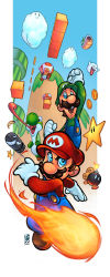 Rule 34 | 2boys, block (object), blue sky, bob-omb, boo (mario), brothers, bullet bill, coin, colorized, facial hair, feathers, fire, fire mario, fireball, gloves, gold coin, grin, hat, highres, jumping, koopa troopa, looking at viewer, luigi, mario, mario (series), mountain, multiple boys, mustache, nintendo, power-up, serious, siblings, sky, smile, smoking pipe, super star (mario), super mario bros. 1, super mario bros. 3, super mario world, super mushroom, toad (mario), warp pipe, yoshi