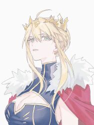 Rule 34 | 1girl, artoria pendragon (fate), artoria pendragon (lancer) (fate), blonde hair, blue dress, braid, breasts, cape, cleavage, cleavage cutout, clothing cutout, crown, dress, fate/grand order, fate (series), french braid, fur collar, green eyes, hair between eyes, highres, large breasts, looking at viewer, nunok, parted lips, red cape, sidelocks, sleeveless, sleeveless dress, solo, white fur