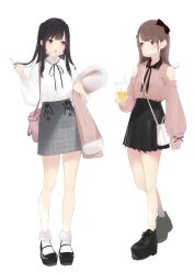 Rule 34 | 2girls, ama mitsuki, bag, bare shoulders, black bow, black footwear, black hair, black ribbon, black skirt, blush, bobby socks, bow, brown eyes, brown hair, clothing cutout, collared shirt, cup, disposable cup, drinking straw, full body, hair bow, handbag, highres, holding, holding cup, jirai kei, long hair, long sleeves, looking at another, mask, mask pull, mouth mask, multiple girls, neck ribbon, non-web source, open mouth, original, pink shirt, plaid, plaid skirt, platform footwear, puffy long sleeves, puffy sleeves, ribbon, shirt, shirt tucked in, shoes, shoulder bag, shoulder cutout, simple background, skirt, socks, standing, surgical mask, white background, white shirt, white socks