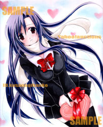 Rule 34 | 00s, 1girl, black thighhighs, blue hair, blush, bow, bowtie, box, dutch angle, heart-shaped box, katsura kotonoha, kusanagi yuuri, long sleeves, looking at viewer, lowres, own hands together, red bow, red bowtie, red eyes, red ribbon, ribbon, school days, sidelocks, simple background, solo, tareme, thighhighs, v arms, white background, zettai ryouiki