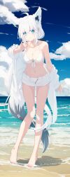 Rule 34 | 1girl, absurdres, ahoge, animal ears, barefoot, beach, bikini, blue eyes, blue sky, breasts, cleavage, closed mouth, cloud, day, fox ears, fox girl, fox shadow puppet, fox tail, full body, highres, hololive, long hair, looking at viewer, medium breasts, nagishiro mito, ocean, open fly, outdoors, pentagram, shirakami fubuki, shorts, sky, solo, standing, swimsuit, tail, toes, virtual youtuber, white bikini, white hair, white shorts