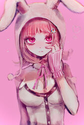 Rule 34 | 1girl, animal hood, bare arms, bare shoulders, black leotard, breasts, brown hair, cleavage, danganronpa (series), danganronpa 2: goodbye despair, detached collar, flipped hair, galaga, grey leotard, hair ornament, hand up, heart, highres, hood, large breasts, leotard, looking at viewer, mole, mole on breast, nanami chiaki, naruse (nal1525), neck ribbon, official alternate costume, pink background, pink ribbon, playboy bunny, rabbit hood, red eyes, ribbon, shiny skin, simple background, solo, strapless, strapless leotard