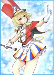 Rule 34 | 1girl, alternate costume, blonde hair, blue background, chain, commentary request, ginnkei, gloves, hat, highres, lunasa prismriver, lunasa prismriver (prism march baton), multicolored clothes, multicolored skirt, peaked cap, red hat, short hair, skirt, solo, touhou, touhou lostword, white gloves, white skirt, yellow eyes