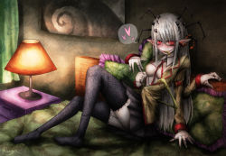 Rule 34 | 1girl, bed, breasts, cleavage, extra arms, grey hair, highres, arthropod girl, lamp, looking at viewer, monster girl, original, ray-k, red eyes, skirt, smile, snake, solo, stitches
