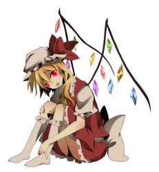 Rule 34 | 1girl, ascot, bad id, bad pixiv id, blonde hair, bobby socks, bow, embodiment of scarlet devil, female focus, flandre scarlet, frills, full body, glowing, glowing eyes, hat, hat bow, head tilt, highres, kako11, looking at viewer, no shoes, open mouth, petticoat, puffy sleeves, red eyes, shirt, side ponytail, simple background, sitting, skirt, socks, solo, touhou, white background, white socks, wings