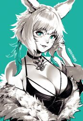 Rule 34 | 1girl, animal ears, aqua background, aqua eyes, artist name, breasts, cat ears, choker, cleavage, commentary, english commentary, final fantasy, final fantasy xiv, fur trim, highres, jewelry, large breasts, miqo&#039;te, miss faves, monochrome, short hair, solo, spot color, upper body, wide sleeves, y&#039;shtola rhul