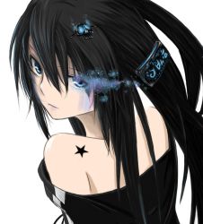 Rule 34 | 10s, bare shoulders, black hair, black rock shooter, black rock shooter (character), blue eyes, fire, from behind, hair ornament, hairclip, lipstick, long hair, looking back, makeup, serious, skull, star (symbol), surolen, tattoo