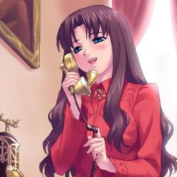 Rule 34 | 00s, 1girl, antique phone, black hair, blouse, blue eyes, blush, breasts, cable, collared shirt, corded phone, day, eyelashes, fate/hollow ataraxia, fate/stay night, fate (series), hair down, half-closed eyes, indoors, jewelry, lowres, necklace, oekaki, parted bangs, phone, picture frame, red shirt, rotary phone, shirt, smile, solo, talking on phone, tohsaka rin, wavy hair, zen