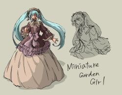 Rule 34 | 1girl, aqua hair, bow, brown background, closed eyes, collar, collared dress, dress, evillious nendaiki, flower, frilled collar, frilled dress, frilled hairband, frilled sleeves, frills, gherea, hair between eyes, hair flower, hair ornament, hairband, hakoniwa no shoujo (vocaloid), hatsune miku, lolita hairband, long hair, michelle marlon, multiple views, narrow waist, neck ribbon, petticoat, pink bow, pink dress, reaching, reaching towards viewer, ribbon, rose, sideways glance, sketch, sleeve bow, smile, solo, song name, twintails, very long hair, vocaloid, wide sleeves, yellow flower, yellow rose