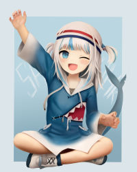Rule 34 | 1girl, ;d, absurdres, arm up, blue background, blue eyes, commentary, crumbles, drawstring, english commentary, fins, fish tail, gawr gura, gawr gura (1st costume), highres, hololive, hololive english, indian style, long hoodie, long sleeves, looking at viewer, multicolored hair, one eye closed, open mouth, outside border, shark tail, sharp teeth, shoes, sitting, smile, solo, streaked hair, tail, teeth, two side up, virtual youtuber, white footwear, white hair