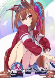 Rule 34 | 1girl, absurdres, animal ears, bow, brown hair, commentary request, daiwa scarlet (umamusume), hair between eyes, hair bow, highres, horse ears, horse girl, horse tail, jacket, kurokawa heuy, long hair, long sleeves, looking at viewer, pink bow, red eyes, shoes, smile, sneakers, solo, squatting, tail, thighs, tiara, tracen training uniform, track jacket, twintails, umamusume, very long hair, white footwear