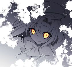Rule 34 | 1girl, beret, bow, close-up, closed mouth, commentary request, crazy eyes, crazy smile, eyelashes, eyes visible through hair, floating hair, from above, glowing, glowing eyes, grey background, greyscale, hair between eyes, hat, highres, higurashi no naku koro ni, higurashi no naku koro ni mei, looking at viewer, monochrome, orange eyes, paint splatter, partial commentary, ryuuguu rena, short hair, simple background, smile, solo, suzuragi karin, white paint