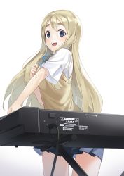 Rule 34 | 1girl, absurdres, blonde hair, blue eyes, blue ribbon, blue skirt, breasts, commentary, gradient background, grey background, hand up, highres, instrument, k-on!, keyboard (instrument), kimyo, kotobuki tsumugi, leaning forward, long hair, looking at viewer, medium breasts, neck ribbon, open mouth, pleated skirt, ribbon, shirt, short hair, skirt, smile, solo, teeth, thick eyebrows, upper teeth only, white background, white shirt