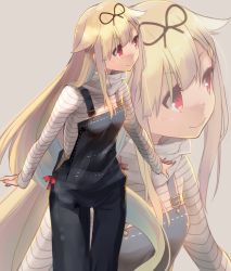 Rule 34 | 10s, 1girl, :3, alternate costume, blonde hair, breasts, chig (mizusaki), grey background, hair flaps, hair ornament, hair ribbon, hairclip, kantai collection, long hair, long sleeves, looking to the side, overalls, red eyes, ribbon, shirt, simple background, small breasts, solo, striped clothes, striped shirt, suspenders, thigh gap, very long hair, yuudachi (kancolle), yuudachi kai ni (kancolle), zoom layer