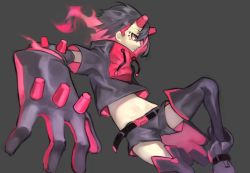 Rule 34 | 1girl, balance (superdust), belt, black background, black footwear, black gloves, black hair, black jacket, black shorts, black thighhighs, boots, commentary, cropped jacket, facial tattoo, gloves, horns, jacket, multicolored hair, original, oversized limbs, parted lips, pink gloves, profile, red eyes, red hair, short hair, short sleeves, shorts, simple background, solo, tattoo, thighhighs, two-tone gloves, two-tone hair